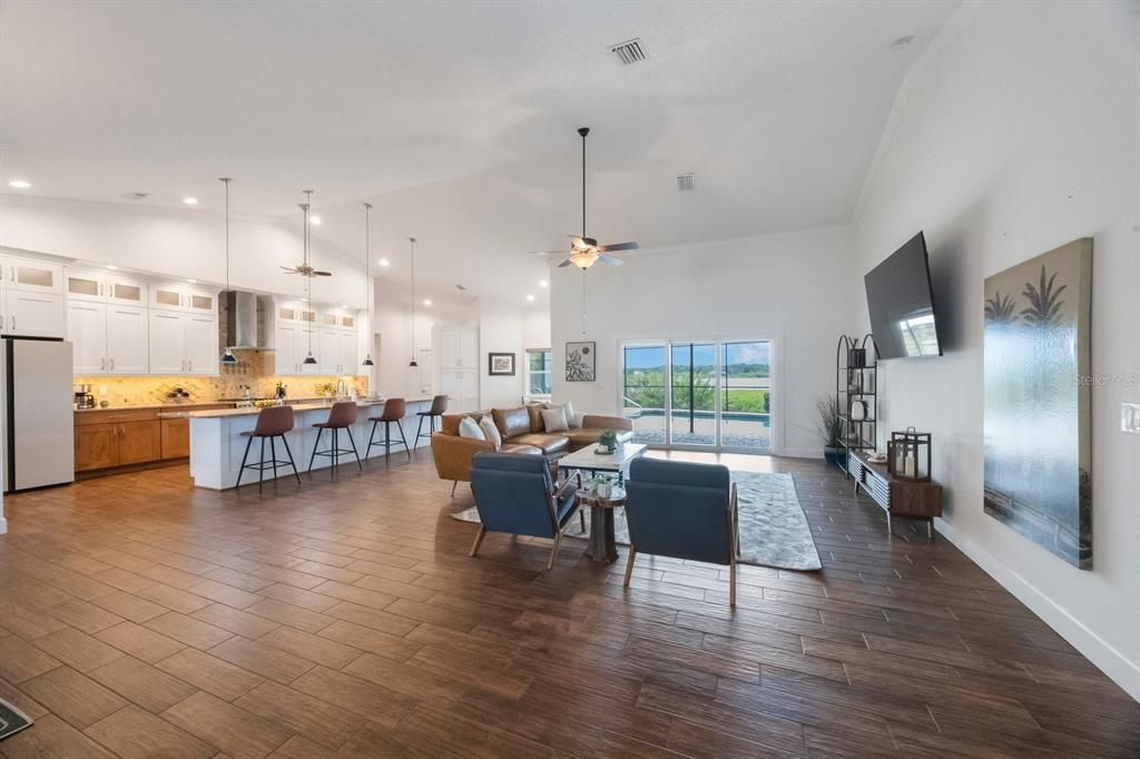 Interior, Kitchen, Living room, Pendant Lights, Recessed Lighting, Wood Texture Flooring