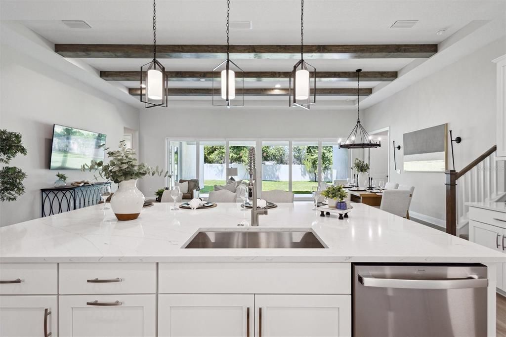 Interior, Kitchen, Pendant Lights, Stainless Steel Appliances, Wooden Beams, Wood Texture Flooring