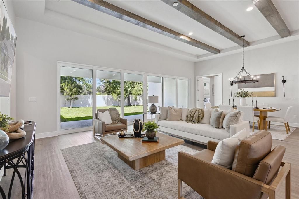 Dining room, Interior, Living room, Pendant Lights, Recessed Lighting, Wooden Beams, Wood Texture Flooring
