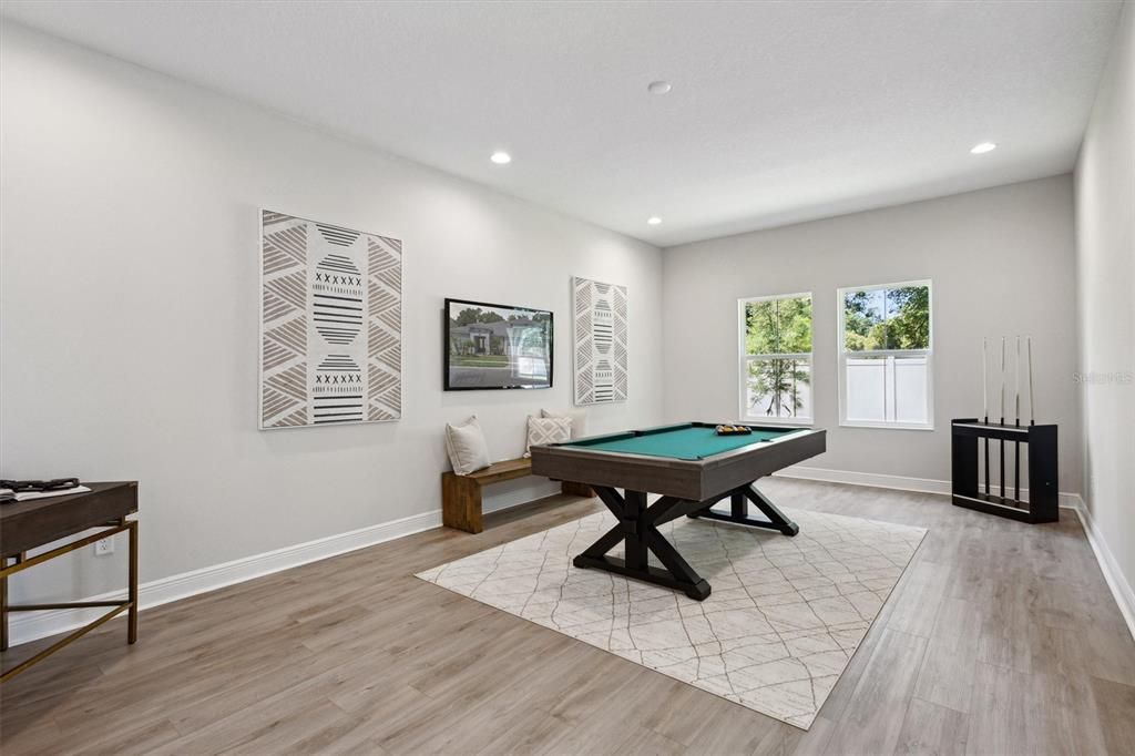 Billiard Table, Game Room, Interior, Recessed Lighting, Wood Texture Flooring