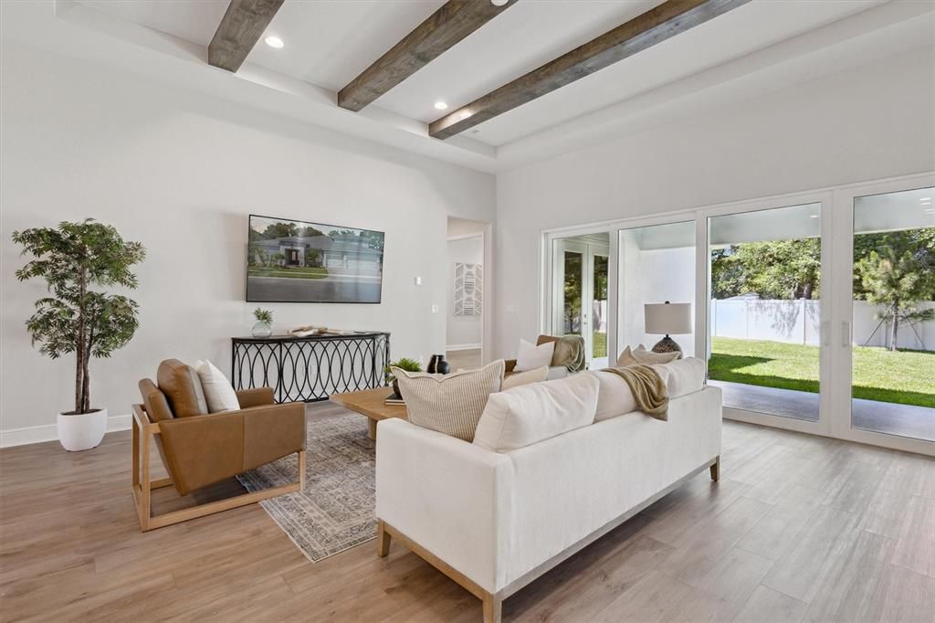 Interior, Living room, Recessed Lighting, Wooden Beams, Wood Texture Flooring