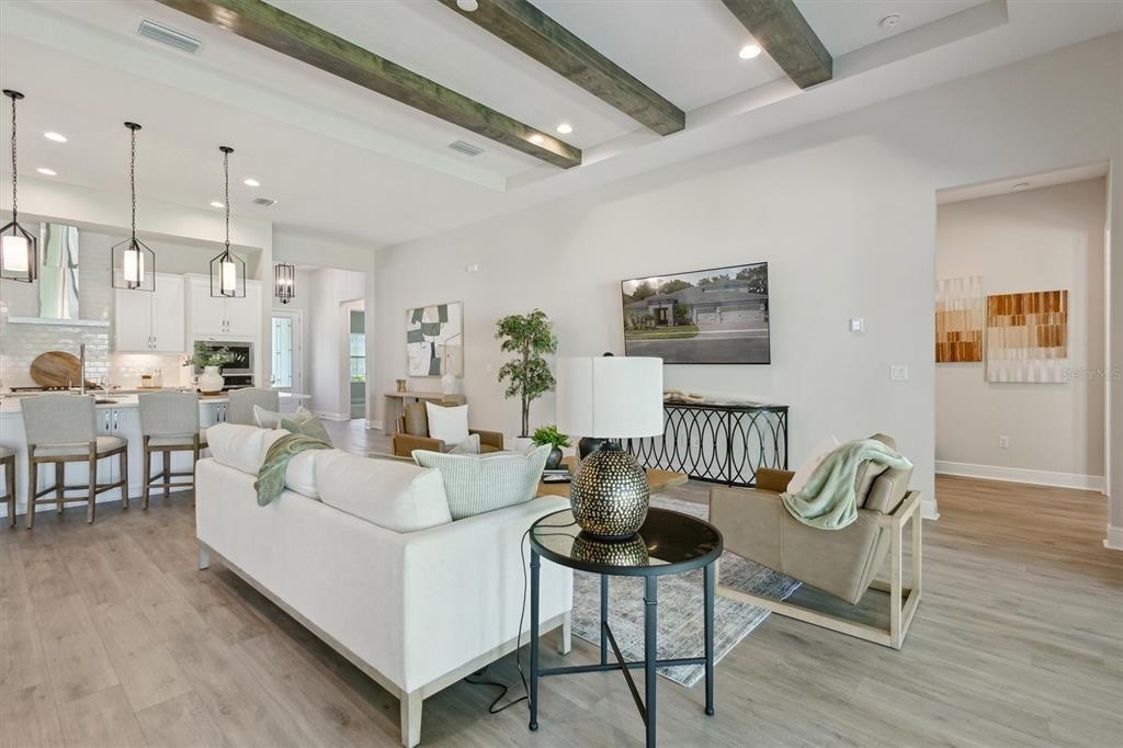 Interior, Kitchen, Living room, Pendant Lights, Recessed Lighting, Stainless Steel Appliances, Wooden Beams, Wood Texture Flooring