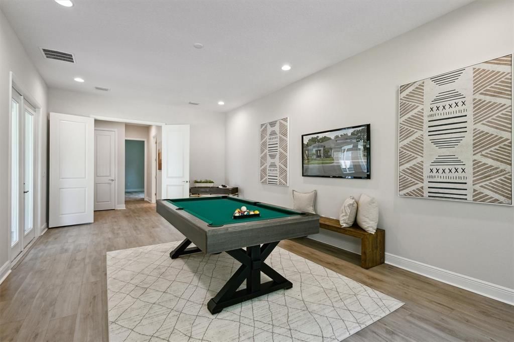 Billiard Table, Game Room, Interior, Recessed Lighting, Wood Texture Flooring