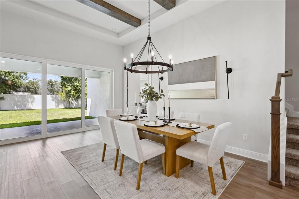 Chandelier, Dining room, Interior, Pendant Lights, Wooden Beams, Wood Texture Flooring