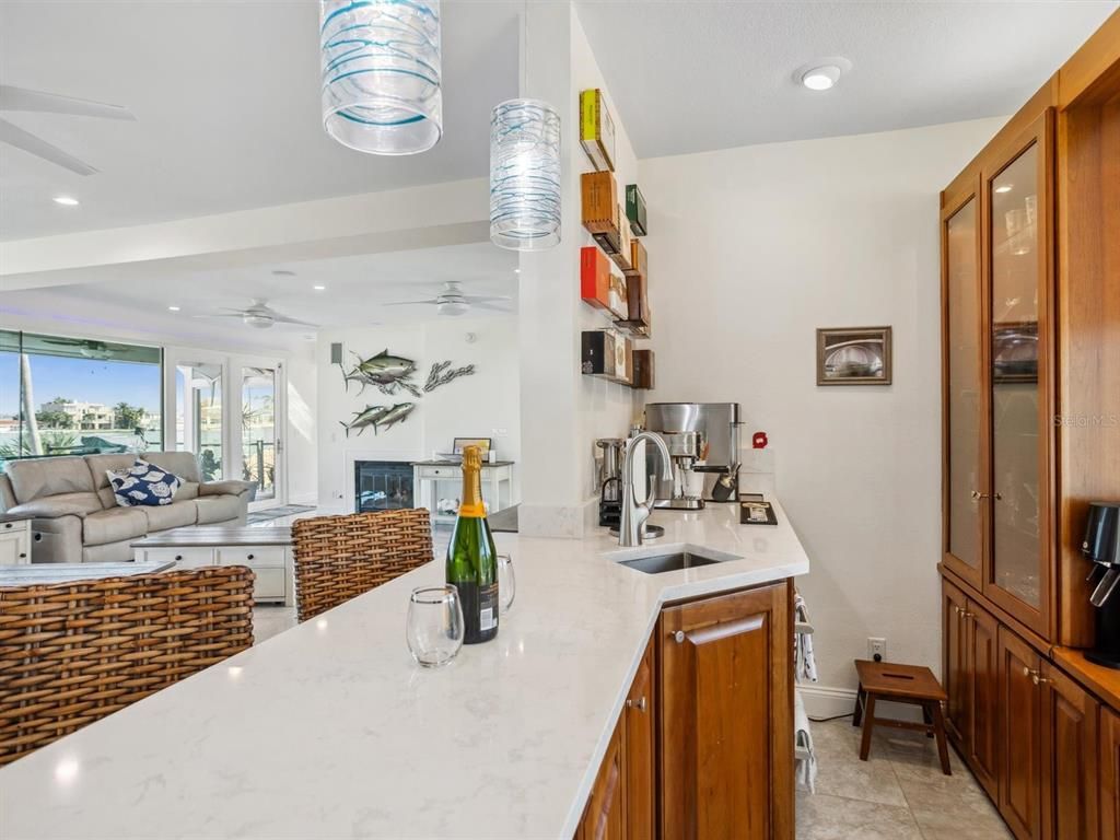 Fireplace, Interior, Kitchen, Living room, Recessed Lighting