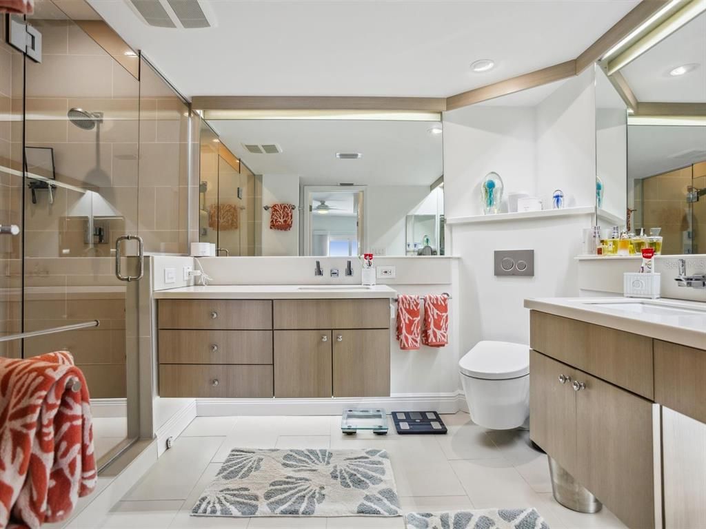 Bathroom, Dual Sink Vanities, Glass Shower, Interior, Recessed Lighting