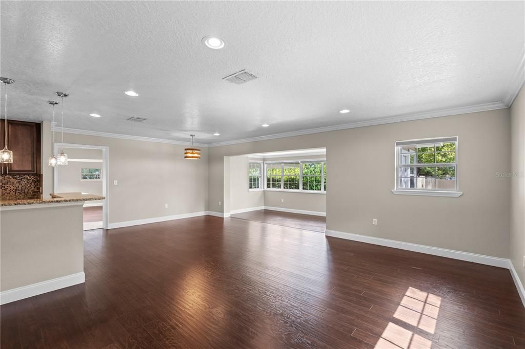 Empty room, Interior, Pendant Lights, Recessed Lighting, Wood Texture Flooring