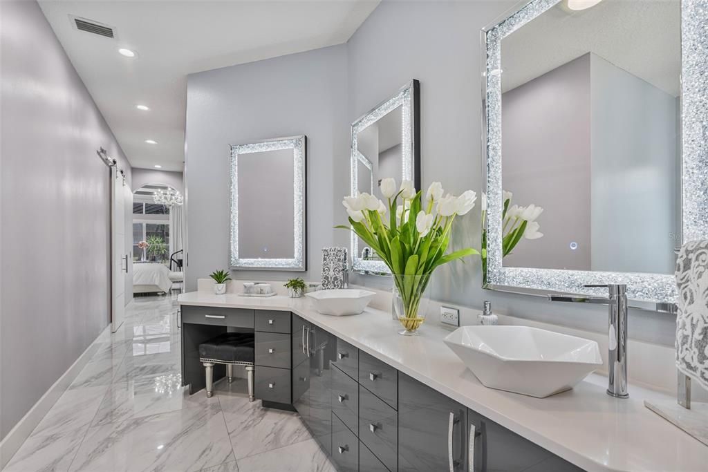 Bathroom, Dual Sink Vanities, Interior, Marble, Recessed Lighting