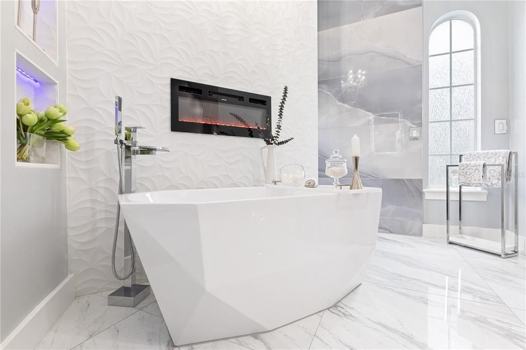 Bathroom, Free Standing Baths, Glass Shower, Interior, Marble, Marble Walls