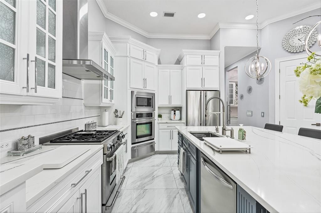 Interior, Kitchen, Marble, Pendant Lights, Recessed Lighting, Stainless Steel Appliances