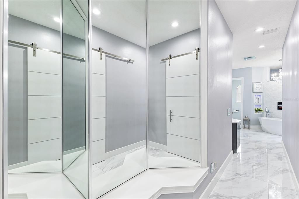 Bathroom, Free Standing Baths, Glass Shower, Interior, Marble, Recessed Lighting