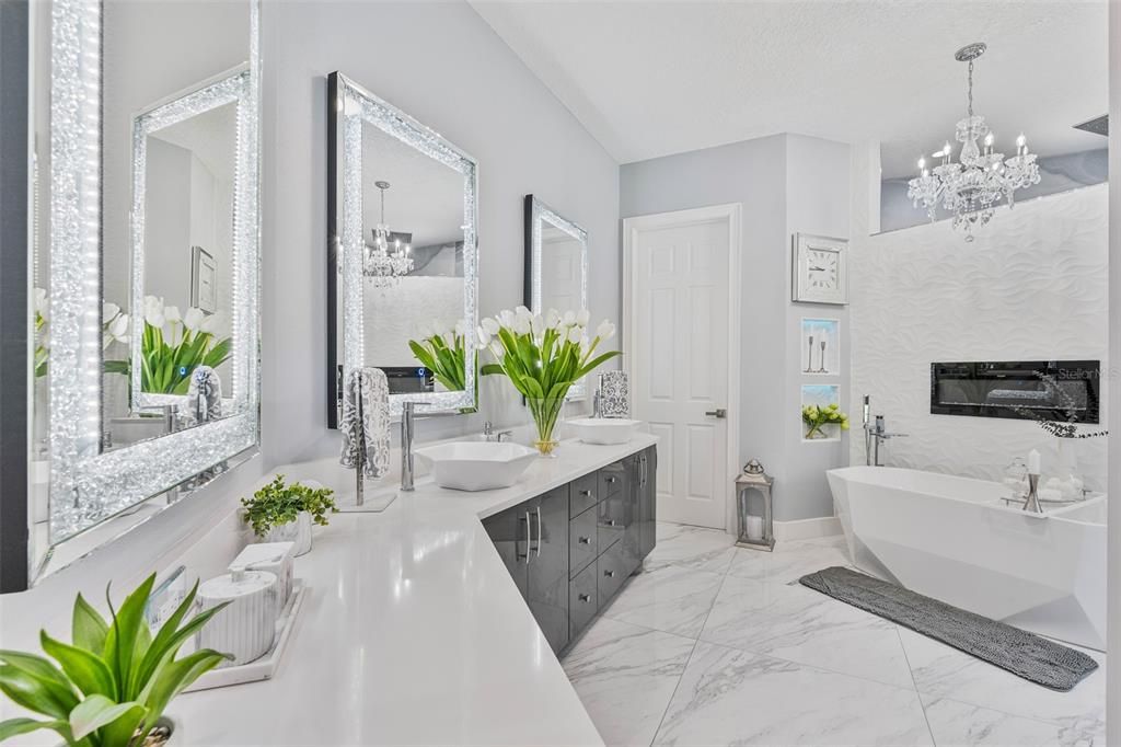 Bathroom, Chandelier, Dual Sink Vanities, Free Standing Baths, Interior, Marble, Pendant Lights