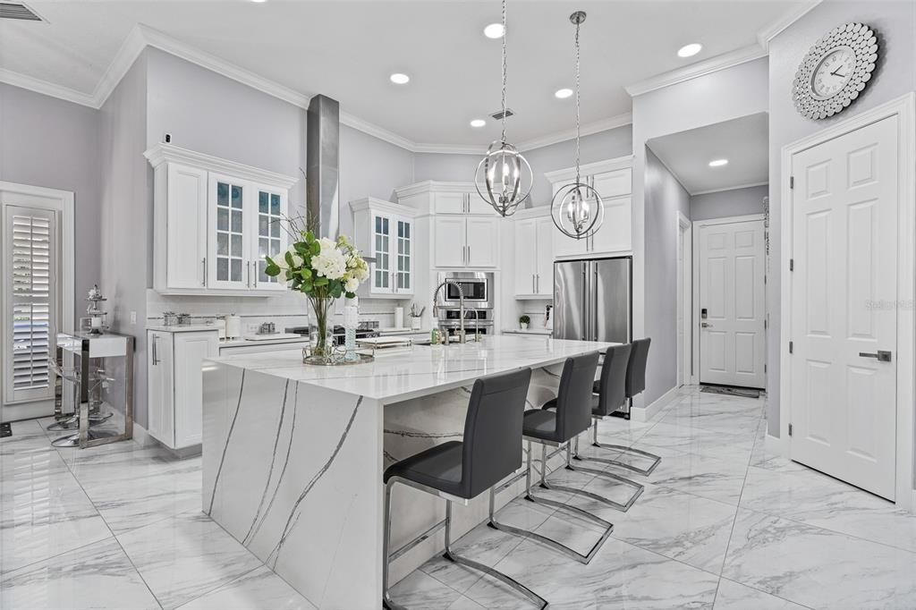 Interior, Kitchen, Marble, Pendant Lights, Recessed Lighting, Stainless Steel Appliances