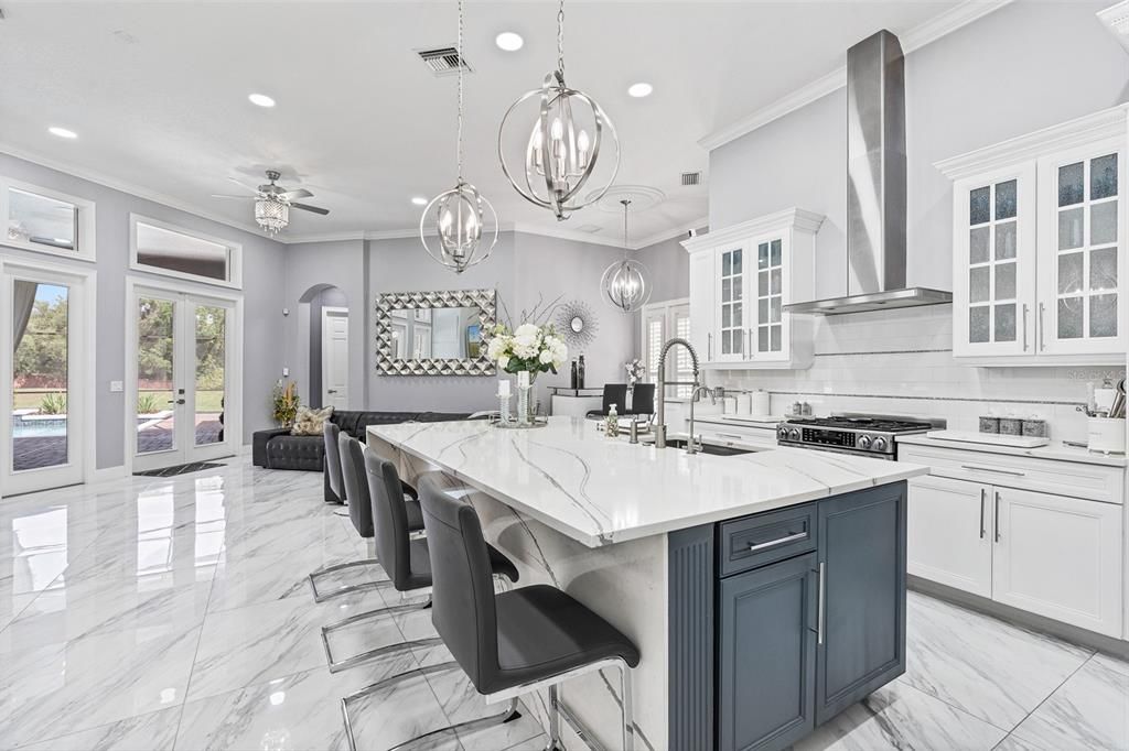 Interior, Kitchen, Marble, Pendant Lights, Recessed Lighting