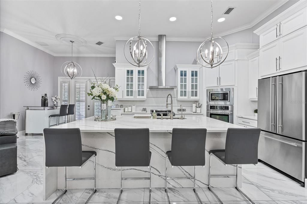 Interior, Kitchen, Marble, Pendant Lights, Recessed Lighting, Stainless Steel Appliances
