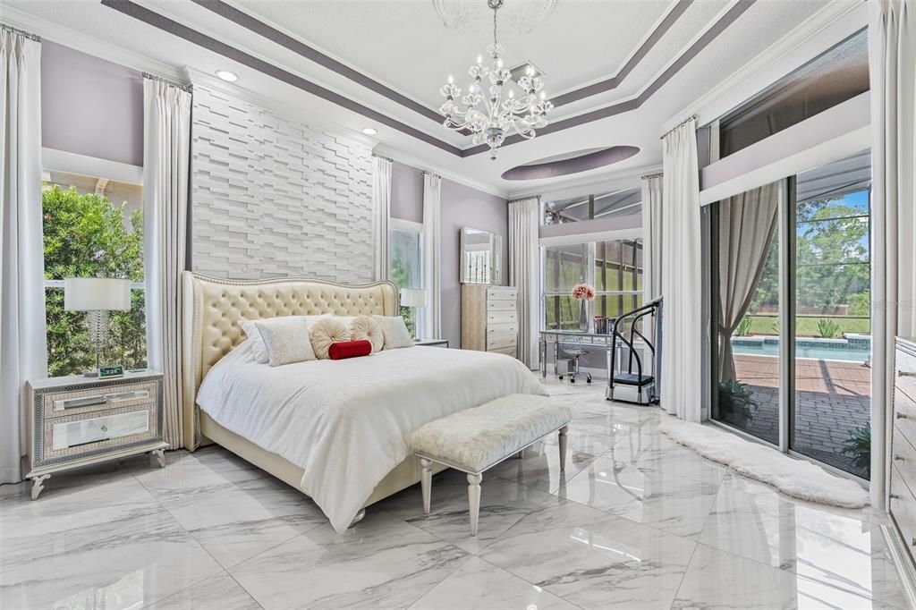Bedroom, Chandelier, Interior, Marble, Recessed Lighting