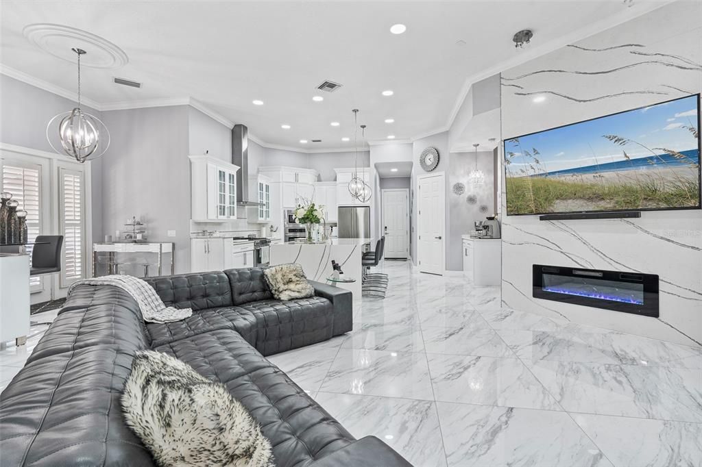 Fireplace, Interior, Kitchen, Living room, Marble, Pendant Lights, Recessed Lighting, Stainless Steel Appliances