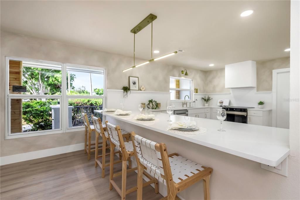 Interior, Kitchen, Pendant Lights, Recessed Lighting, Wood Texture Flooring