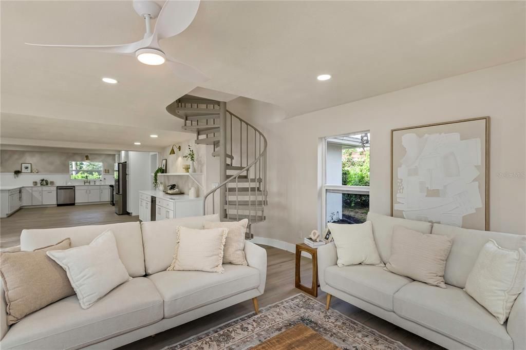 Interior, Kitchen, Living room, Recessed Lighting, Stainless Steel Appliances, Wood Texture Flooring
