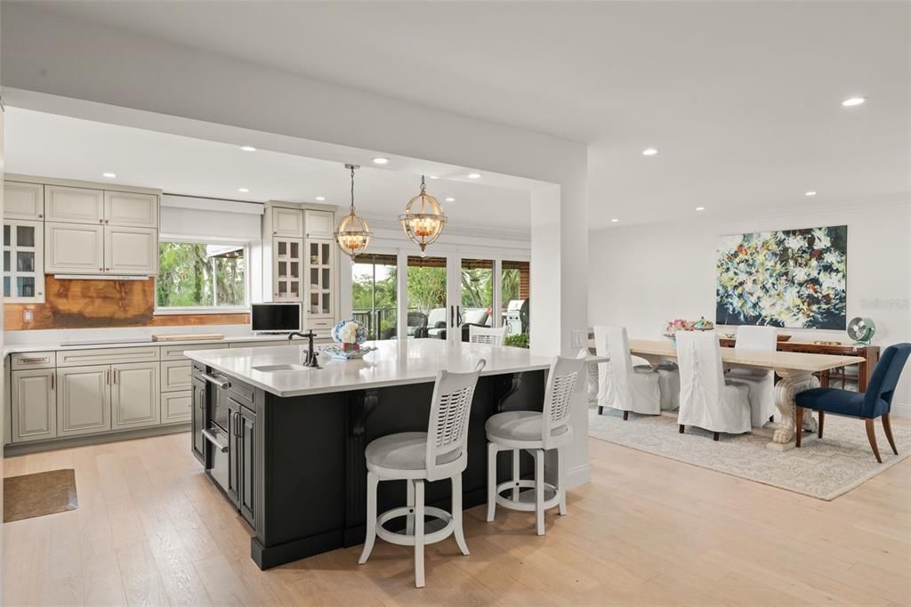Dining room, Interior, Kitchen, Pendant Lights, Recessed Lighting, Wood Texture Flooring