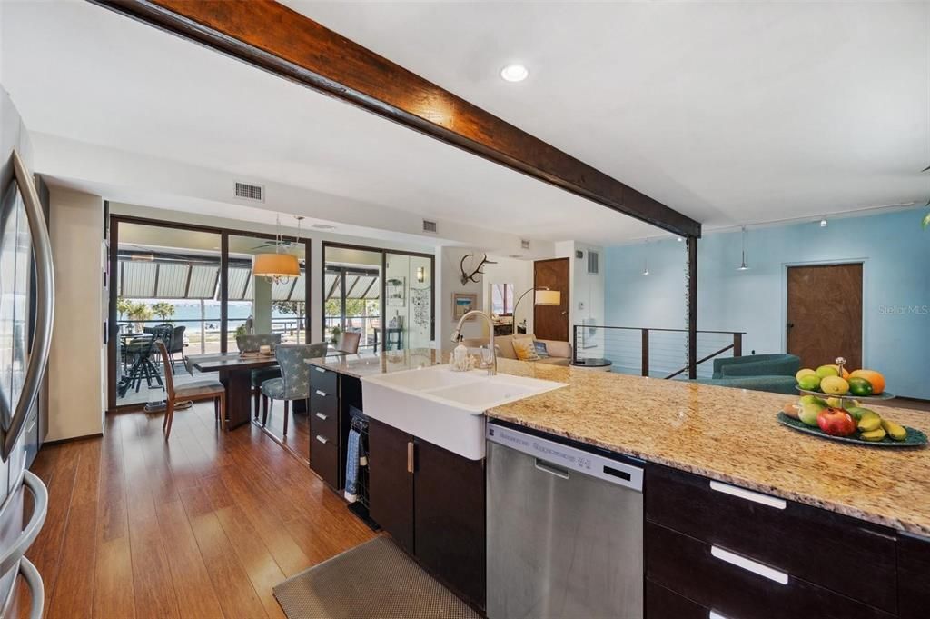 Dining room, Interior, Kitchen, Pendant Lights, Recessed Lighting, Wood Texture Flooring