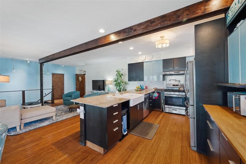 Interior, Kitchen, Living room, Recessed Lighting, Stainless Steel Appliances, Wood Texture Flooring