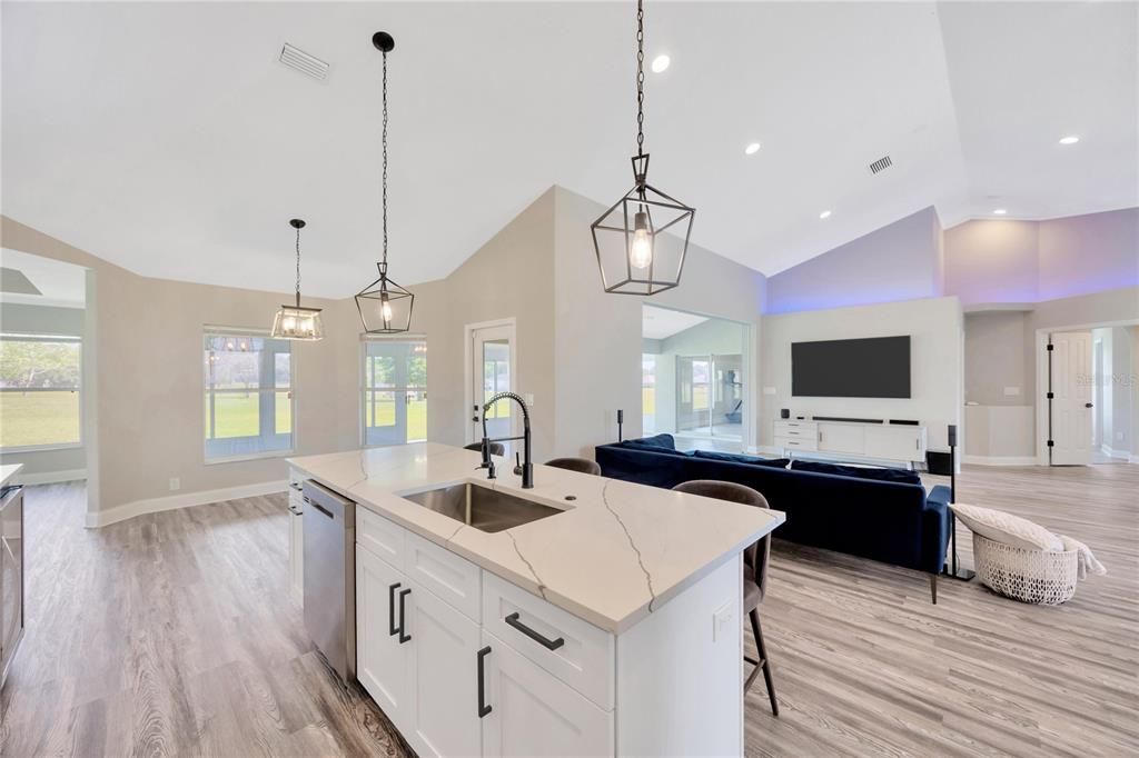 Interior, Kitchen, Living room, Pendant Lights, Recessed Lighting, Wood Texture Flooring