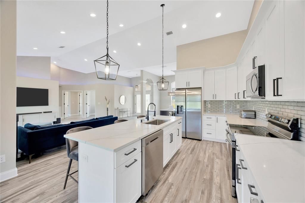 Interior, Kitchen, Living room, Pendant Lights, Recessed Lighting, Stainless Steel Appliances, Wood Texture Flooring