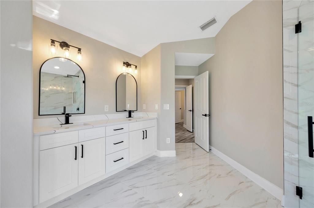 Bathroom, Dual Sink Vanities, Glass Shower, Interior, Marble, Marble Walls