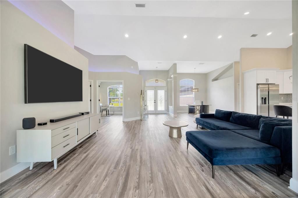Interior, Kitchen, Living room, Pendant Lights, Recessed Lighting, Stainless Steel Appliances, Wood Texture Flooring