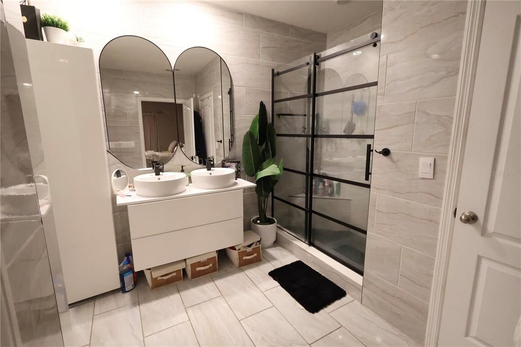 Bathroom, Dual Sink Vanities, Glass Shower, Interior, Marble Walls