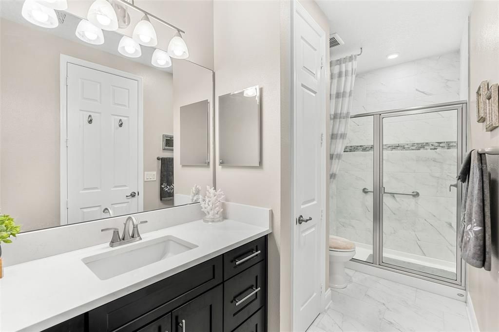 Bathroom, Glass Shower, Interior, Marble, Marble Walls, Recessed Lighting