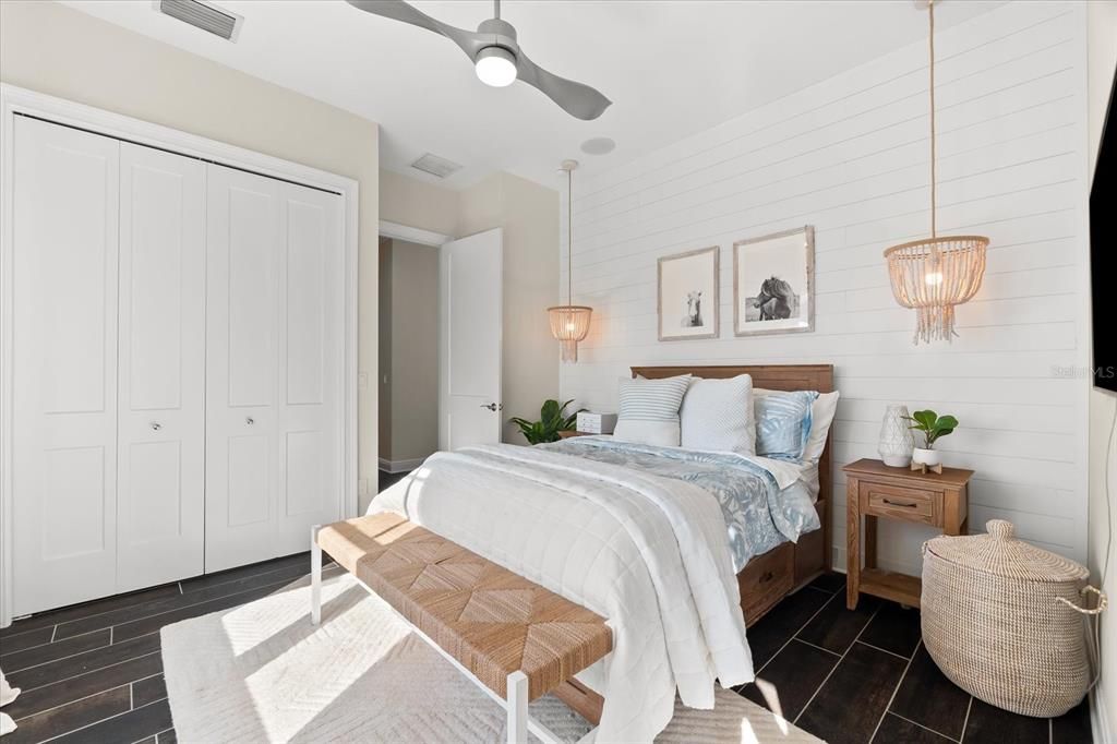 Bedroom, Interior, Pendant Lights, Wood Texture Flooring