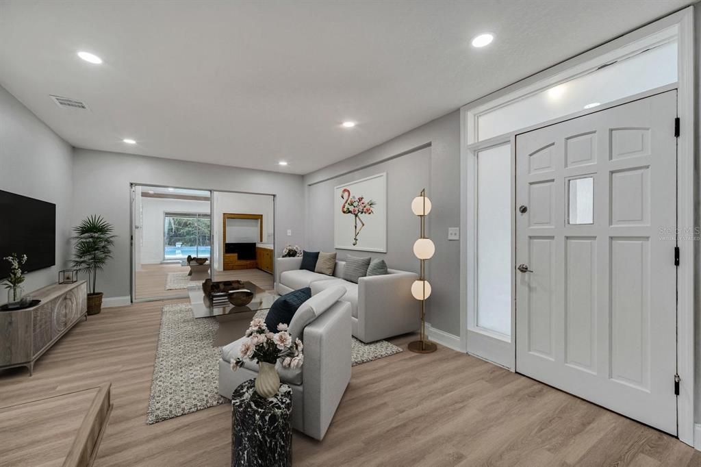 Interior, Living room, Recessed Lighting, Wood Texture Flooring