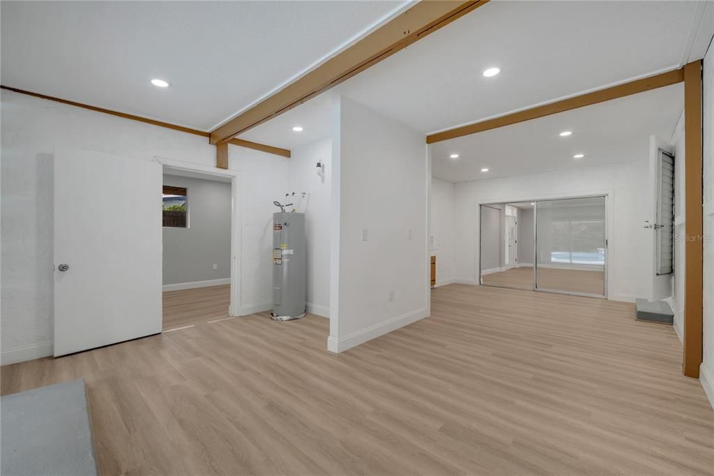 Empty room, Interior, Recessed Lighting, Wooden Beams, Wood Texture Flooring