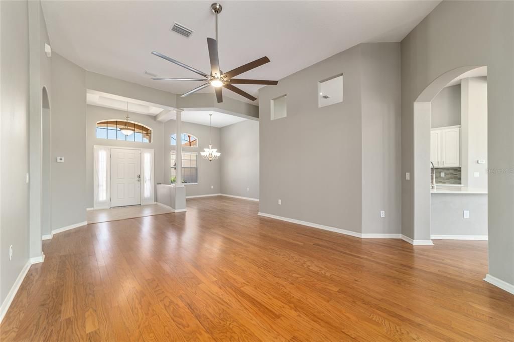 Chandelier, Empty room, Interior, Pendant Lights, Wood Texture Flooring
