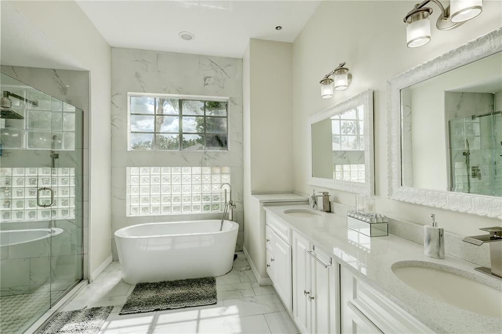 Bathroom, Dual Sink Vanities, Free Standing Baths, Glass Shower, Interior, Marble, Marble Walls