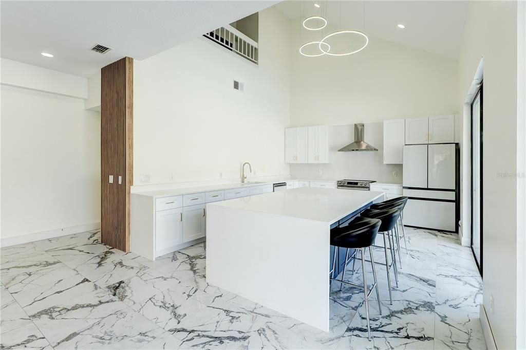 Interior, Kitchen, Marble, Pendant Lights, Recessed Lighting