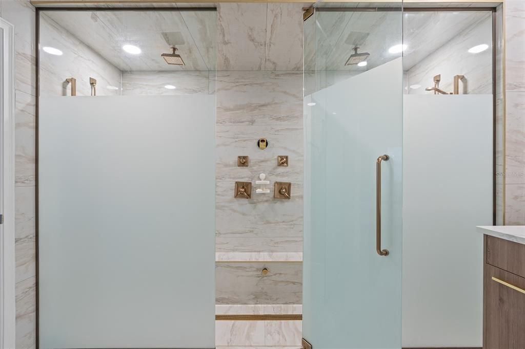 Bathroom, Glass Shower, Interior, Marble Walls, Recessed Lighting
