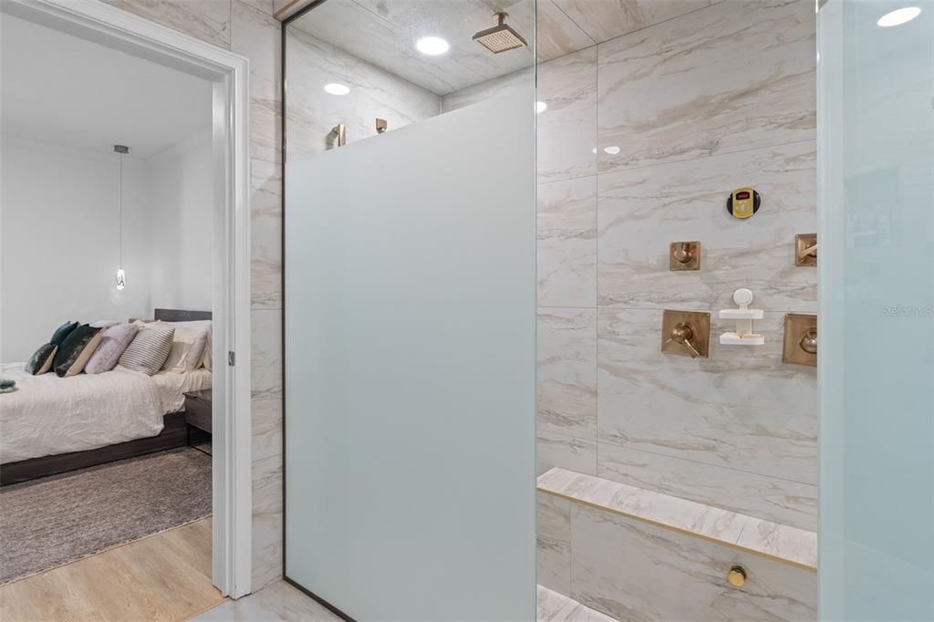 Bathroom, Bedroom, Glass Shower, Interior, Marble Walls, Pendant Lights, Recessed Lighting, Wood Texture Flooring