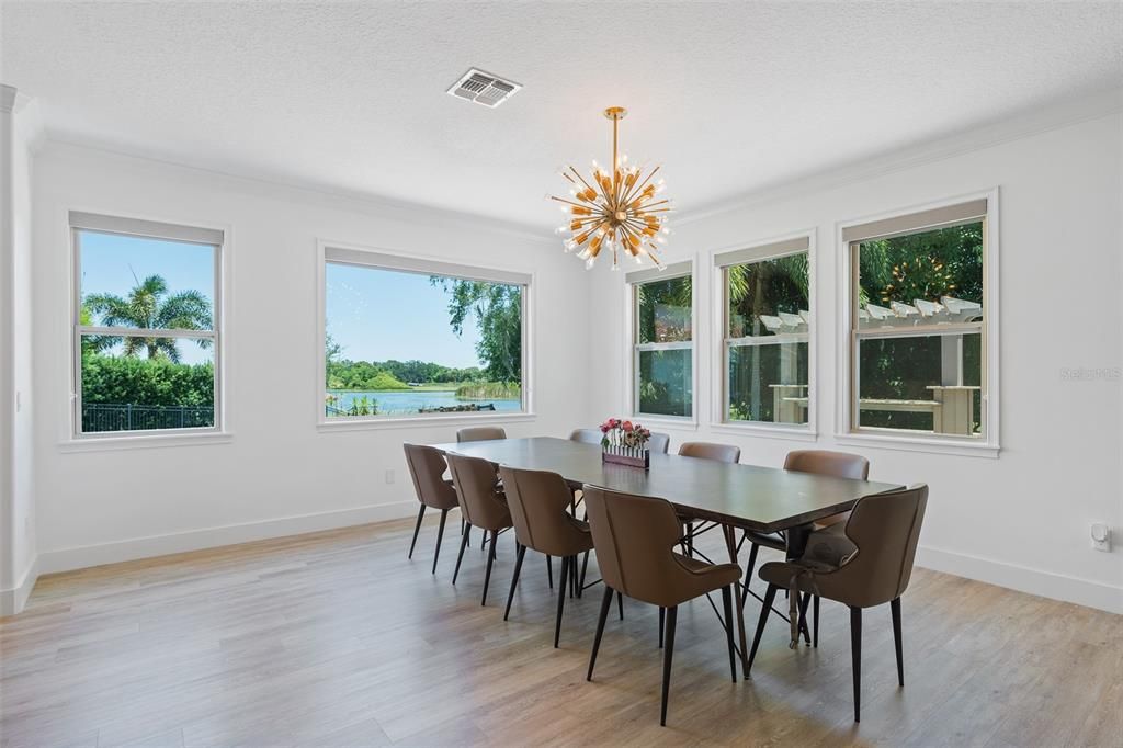 Dining room, Interior, Pendant Lights, Wood Texture Flooring