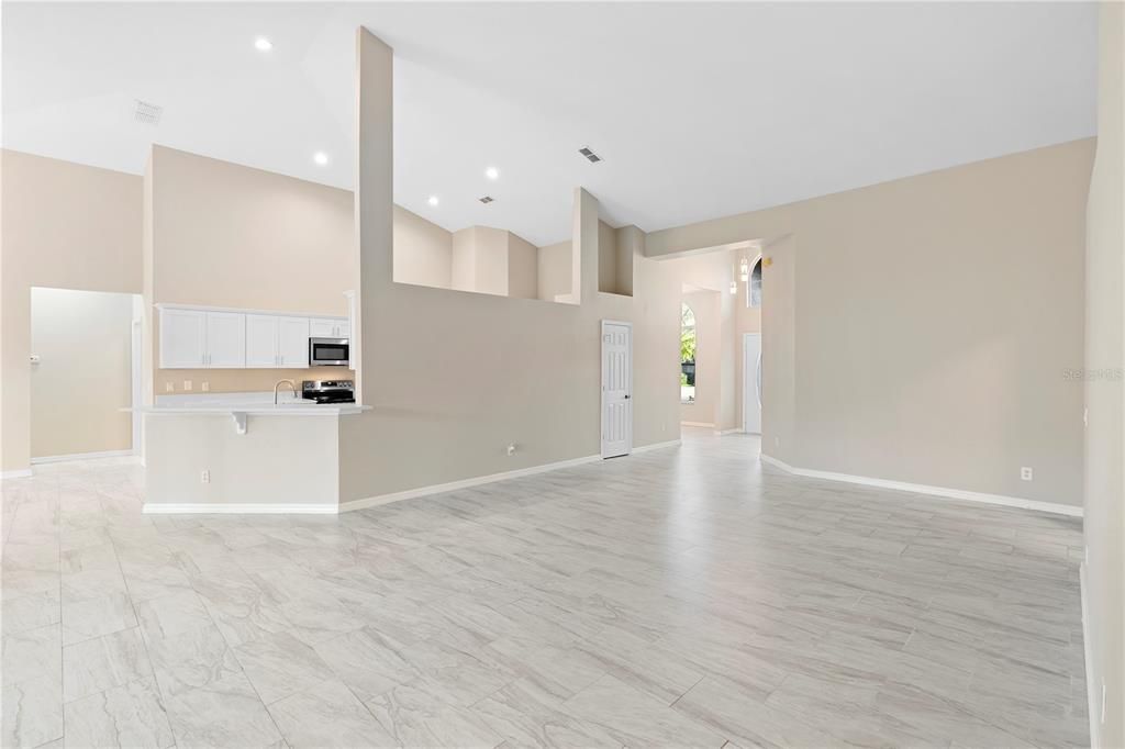 Empty room, Interior, Kitchen, Marble, Recessed Lighting, Stainless Steel Appliances