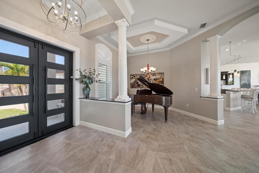 Chandelier, Dining room, Interior, Pendant Lights, Piano