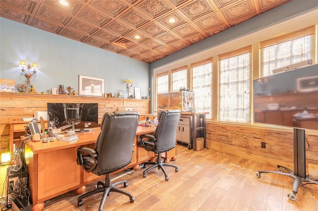 Home Office, Interior, Recessed Lighting, Wood Texture Flooring, Wooden Walls
