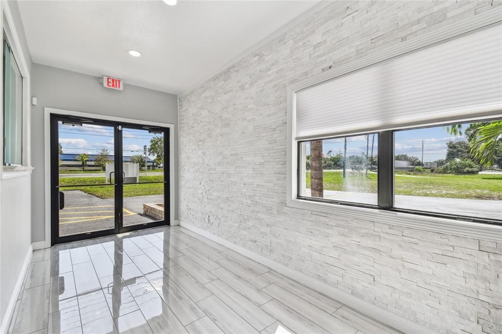 Empty room, Interior, Recessed Lighting, Stone Walls, Water