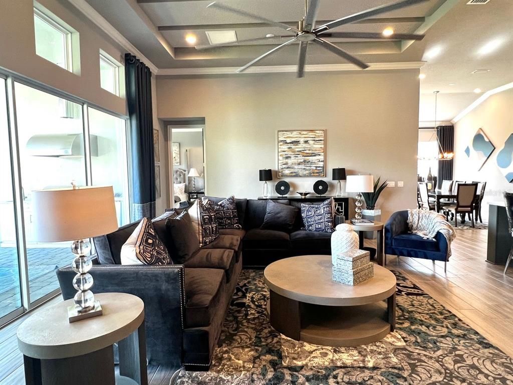 Dining room, Interior, Living room, Pendant Lights, Recessed Lighting, Water, Wood Texture Flooring