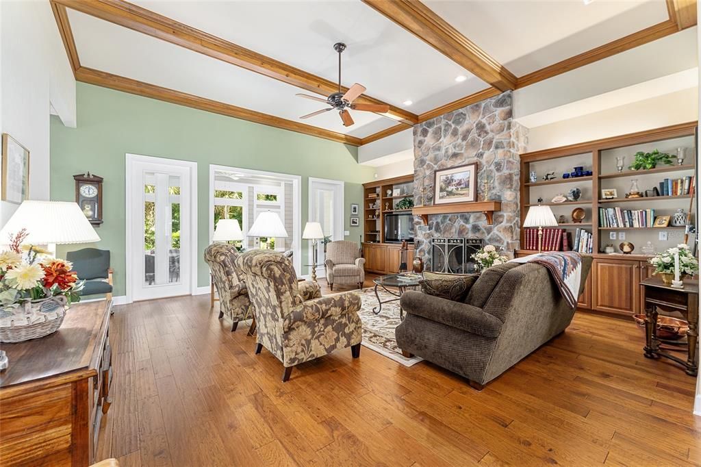 Fireplace, Interior, Living room, Recessed Lighting, Stone Walls, Wooden Beams, Wood Texture Flooring