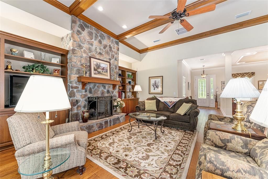 Fireplace, Interior, Living room, Recessed Lighting, Stone Walls, Wooden Beams, Wood Texture Flooring