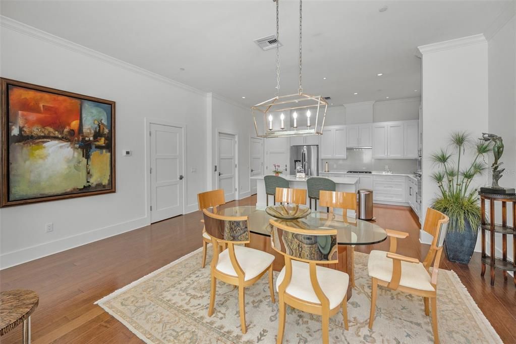 Dining room, Interior, Kitchen, Pendant Lights, Recessed Lighting, Wood Texture Flooring