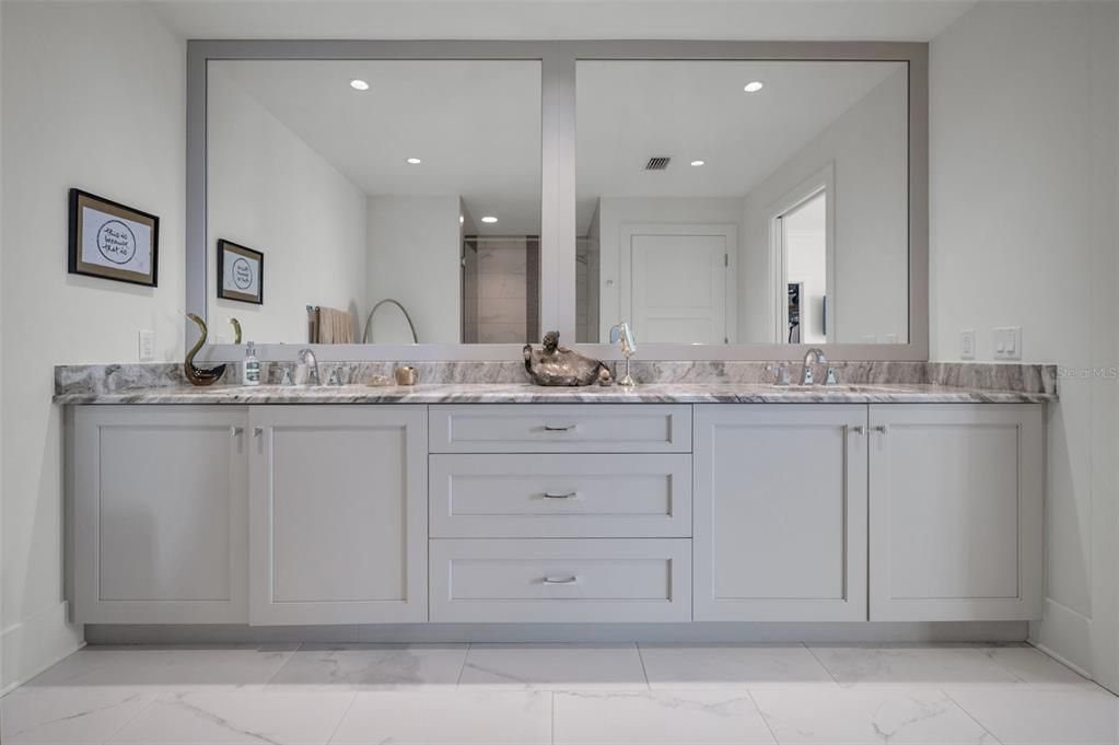 Bathroom, Dual Sink Vanities, Interior, Marble, Recessed Lighting